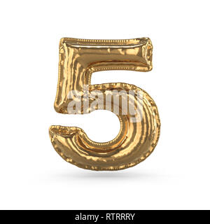 Golden digit five made of inflatable balloon isolated on white background. 3D rendering Stock Photo