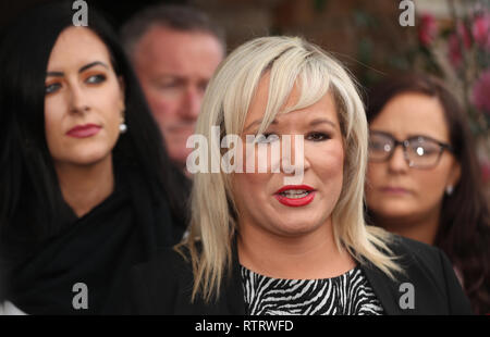 Sinn Fein deputy leader Michelle O'Neill flanked by (left to right) Orfhlaith Begley, Conor Murphy and Patrice Hardy as she speaks to media at the Balmoral Hotel in Belfast. Stock Photo