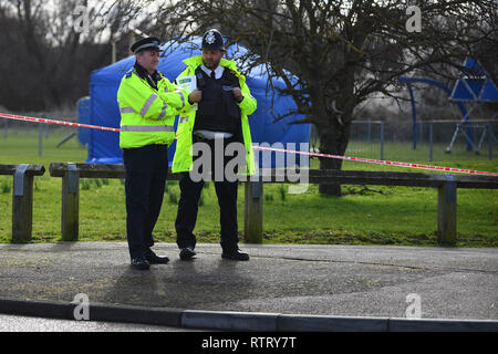 Police at the scene in St Neot's Road in Harold Hill, east London following the fatal stabbing of a 17-year-old girl on Friday night. Stock Photo