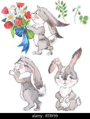 Watercolor cute cartoon rabbits bunny, in the flower garden character warm and satisfied, happy pattern by hand draw doodle comic style  Stock Photo