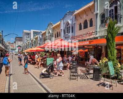 3 January 2019: Christchurch, New Zealand - New Regent Street in the centre of Christchurch, with outdoor cafes and speciality shops, and the tram rou Stock Photo