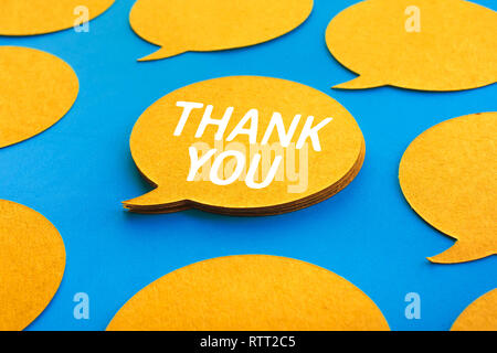 Thank you concepts with chat,speech bubble icons on blue color background.Talking and  message for social media concepts ideas Stock Photo