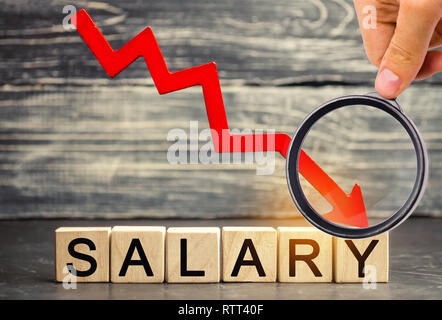 The inscription salary and the red arrow down. lower salary, wage rates. demotion, career decline. lowering the standard of living. wage cuts. decreas Stock Photo