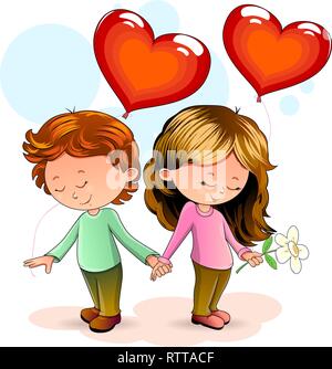 Girl and boy standing together and holding hands. Boy and girl with heart-shaped balloons. Stock Vector