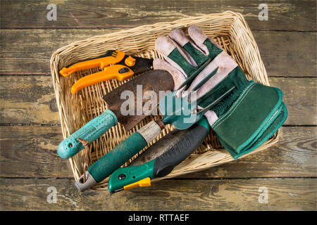 A basket of well used usual gardening hand tools Stock Photo