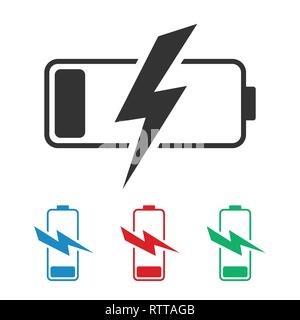 discharged battery icon on a gray background in different colors. Blue red and green symbols Stock Vector