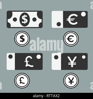 Dollar, Euro, Pound and Yuan currency icons. Paper and metal USD, EUR, GBP and CNY money sign symbols. Flat icon pointers. Stock Vector