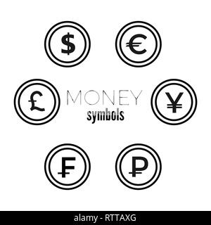 Dollar, Euro, Pound, Yuan Rouble and frank currency icons. USD, EUR, GBP, CNY, CHF, RUB money sign symbols. Flat icon pointers. Stock Vector