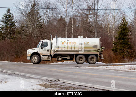 March 02, 2019: Baird's septic truck. Baird’s Septic Tank Pumping Ltd. are providers of septic tank pumping services and provide portable restrooms. Stock Photo