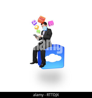Businessman using smart pad sitting on cloud app icon with white background Stock Photo