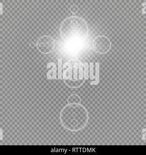 Glowing white Christian cross with sun flare. Vector illustration isolated over transparent background. Shining easter symbol of resurrection in the Stock Vector