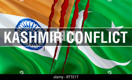 Kashmir Conflict on Pakistan and India flags. Waving flag design,3D rendering. Pakistan India flag picture, wallpaper image. Kashmir Indian Indo-Pakis Stock Photo