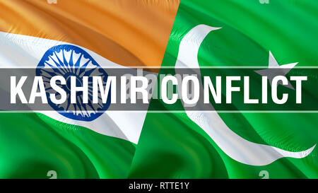 Kashmir Conflict on Pakistan and India flags. Waving flag design,3D rendering. Pakistan India flag picture, wallpaper image. Kashmir Indian Indo-Pakis Stock Photo