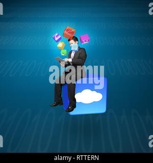 Businessman using tablet sitting on cloud app icon with tech background Stock Photo