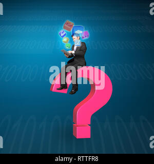 Businessman using tablet sitting on pink question mark with app icons and tech background Stock Photo