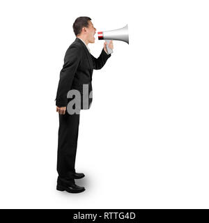 Businessman using megaphone yelling isolated on white background Stock Photo