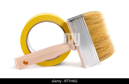 Paint brush and tape isolated on white background Stock Photo