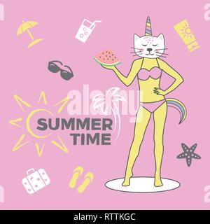 Summer Time Cute illustration on pink Stock Vector