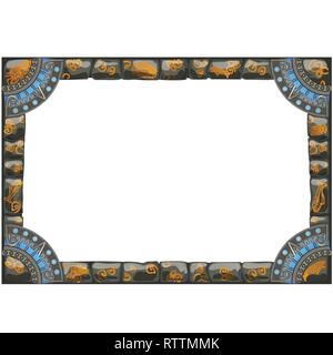 Frame made of grey stones with ancient ornament with space for your text or image isolated on white background. Vector cartoon close-up illustration. Stock Vector