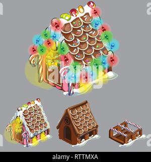 Stage of create of festive cake in shape of village house decorated in Christmas style isolated on grey background. Sweet festive pastries Stock Vector