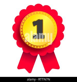 Gold Medal Quality Mark With Red Ribbon On White Background For Your Project. Vector Illustration Stock Vector