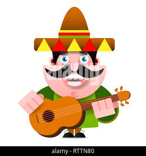 Mexican In Sombrero And Guitar Vector Illustration On White Background. Stock Vector