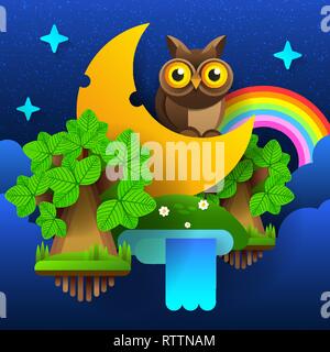 Night Fairy Forest . Moon In The Sky With A Rainbow And Stars. Vector Illustration. Stock Vector