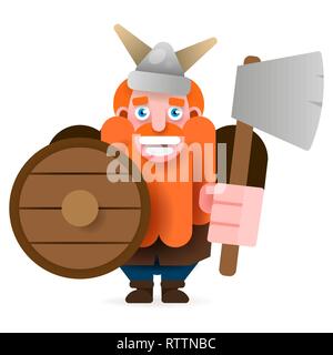Red-bearded Viking With Shield And Axe Smiling . Vector Illustration On White Background Stock Vector
