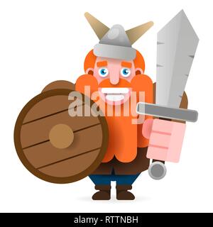 Red-bearded Viking With Shield And Axe Smiling . Vector Illustration On White Background Stock Vector
