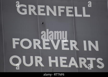Grenfell Forever in Our Hearts. The Grenfell Inquiry continues this year; renovation and repair is ongoing in the fire damaged tower block of flats. Stock Photo