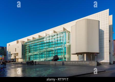 Barcelona Museum of Contemporary Art (MACBA) in Barcelona Spain. The museum opened in 1995 and focuses mainly on post-1945 Catalan and Spanish art. Stock Photo