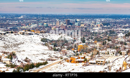 View from above of Boise Idaho skyline in winter with snow on the ground Stock Photo