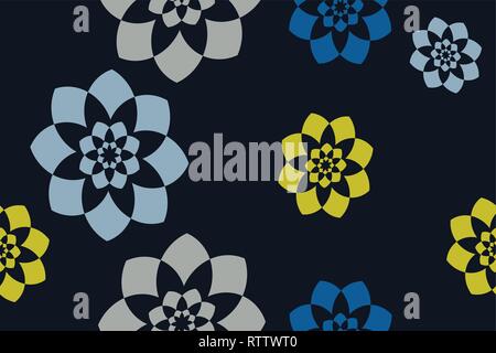 Seamless, abstract background pattern made with colorful geometric shapes in flower abstraction. Decorative vector art in yellow, blue and grey colors Stock Vector