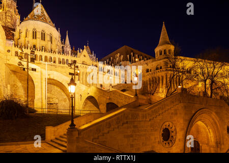 Night falls at Fisherman's Bastion in the Castle District of Budapest, Hungary. Stock Photo