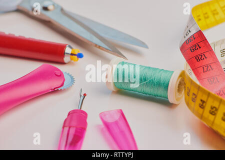 macro color photo of different sewing materials Stock Photo