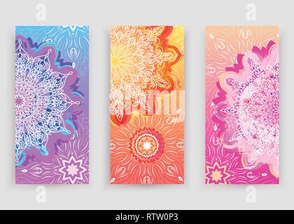 Round gradient mandala on orange, pink, violet background. Vector boho mandala in violet, orange and pink colors. Mandala with floral patterns. Yoga Stock Vector