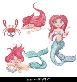 Watercolor painting with cute mermaids, crab,seashell. Cartoon characters  Stock Photo