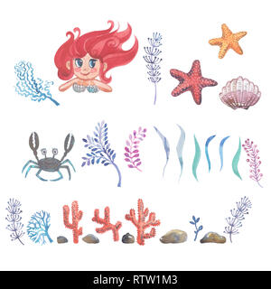 Watercolor little mermaid with pink hair and green fish tail lies on the sand on the seabed. Stock Photo