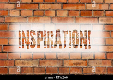 Writing note showing Inspiration. Business photo showcasing Stimulation to feel or do something creative Brick Wall art like Graffiti motivational cal Stock Photo