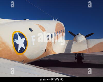 Restored Douglas C-47 (DC-3) on the tarmac at the Commemorative Air Force  in Mesa, Arizona. The plane was affectionately called the Gooney Bird. Stock Photo