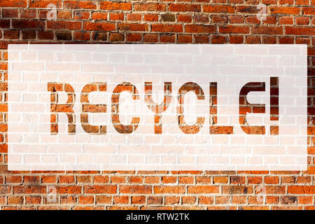 Text sign showing Recycle. Conceptual photo Converting waste into reusable material Brick Wall art like Graffiti motivational call written on the wall Stock Photo