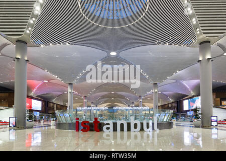 Istanbul, Turkey – February 14, 2019: Terminal of Istanbul New Airport (IST/ISL) in Turkey. Stock Photo