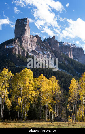 View of Chimney Rock and Courthouse Mountain from Owl Creek Pass road, located in Uncompahgre National Forest in Southwestern Colorado. Stock Photo