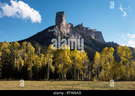 View of Chimney Rock and Courthouse Mountain from Owl Creek Pass road, located in Uncompahgre National Forest in Southwestern Colorado. Stock Photo