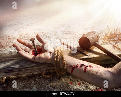 Crucifixion Of Jesus - Christ Nailed On Wooden Cross Stock Photo