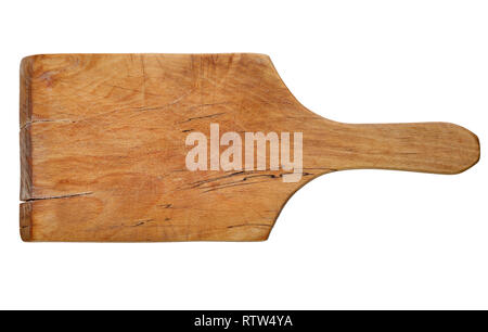 old, used, rustic wooden cutting board, isolated on white background Stock Photo