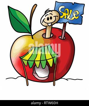 Cartoon apple worm makes a garage sale vector illustration Stock Vector