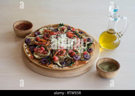 fresh homemade veggie pizza with vegetables Stock Photo