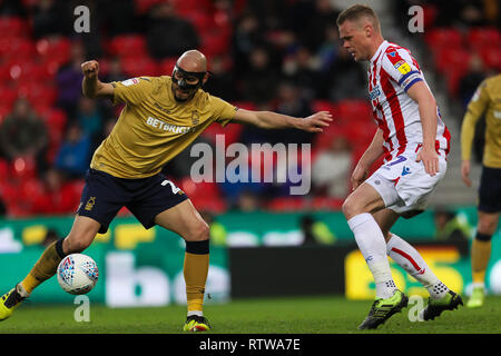 Stoke-on-Trent, UK.  2nd March 2019. Nottingham Forest defender Yohan Benalouane (29) defends the ball from Stoke City defender Ryan Shawcross (17) during the EFL Sky Bet Championship match between Stoke City and Nottingham Forest at the bet365 Stadium, Stoke-on-Trent, England on 2 March 2019. Photo by Jurek Biegus.  Editorial use only, license required for commercial use. No use in betting, games or a single club/league/player publications. Credit: UK Sports Pics Ltd/Alamy Live News Stock Photo