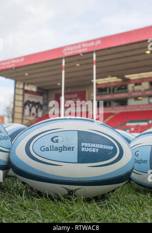 Leicester, UK. 2nd March 2019.   The game ball lies on the pitch awaiting the start of the Premiership round 15 game between Leicester Tigers and Wasps rfc.   © Phil Hutchinson/Alamy Live News Credit: Phil Hutchinson/Alamy Live News Stock Photo
